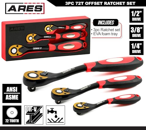 Image of ARES 42147-3-Piece 72 Tooth Offset Ratchet Set - Chrome Vanadium Tools, Offset Handles - Quick Release for Easy Socket Change - Reversible Design - 5 Degree Swing - Automotive Ratchet Set