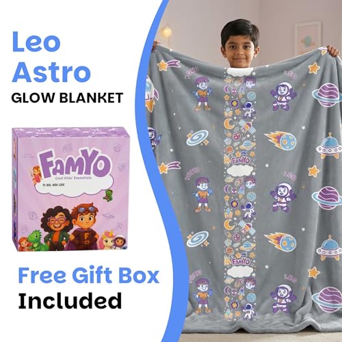 Image of Famyo GlowMaxx Glow in Dark Kids Flannel Blanket 200x152 cm | Leo the Astro, soft flannel double bed blanket, warm winter blanket, lab-tested & safe, grey for kids