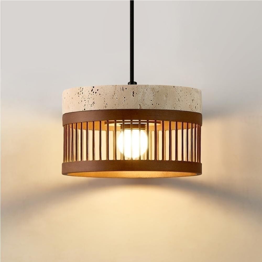 LYMSXAZOU Modern Travertine and Wood Drum Pendant Light Adjustable Height Ceiling Hanging Lamp Nordic Style Accent Lighting for Bedroom Dining Room Kitchen Island