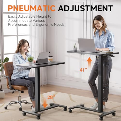 Image of GTPLAYER Small Standing Desk with Lockable Wheels, Pneumatic Mobile Rolling Laptop Desk,Adjustable Height Overbed Bedside Table Computer Workstation for Home Office (28 inch W x 16 inch D, Black)