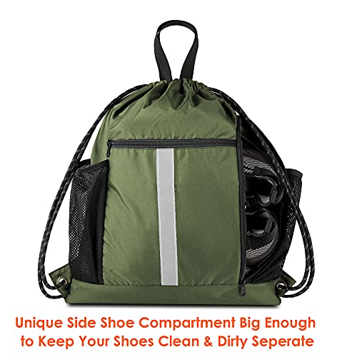 Image of BeeGreen Moss Green Drawstring Bag Pack Sport Cinch Sack with Shoe Compartment and Two Side Mesh Pockets Heavy Duty Gym String Backpack for Unisex