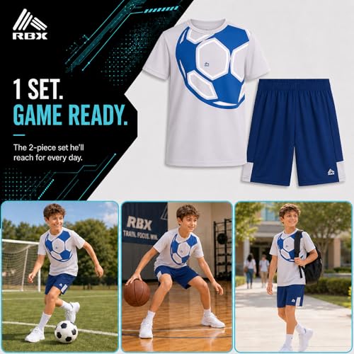 Image of RBX Boys Athletic Shorts Set - 2 Piece Active Performance Graphic Tees and Mesh Gym Shorts for Boys With Elastic Waistband