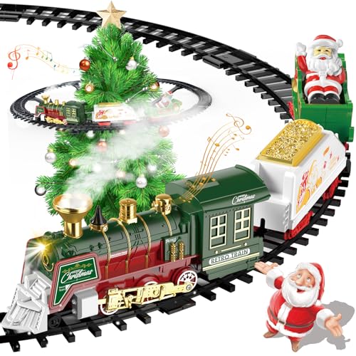 TERRAMUS Christmas Train Set - Hanging Train Toys Train Set with Smoke Light & Sound for Boys Girls Around Under The Christmas Tree with Steam Carriages Tracks for 3-12 Years Old Kids Decoration Gift