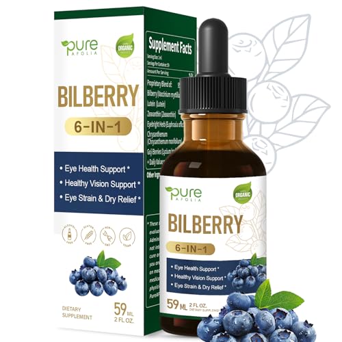 Pure AFOLIA Bilberry Extract Supplement for Eye Health 6-in-1 Herbal Liquid Drops Support Eye Strain & Dry Relief w/Lutein Zeaxanthin Eyebright Herb Fast Absorption Tincture Form. 2 oz