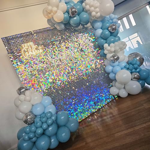 Image of Shimmer Wall Backdrop Silver Iridescent Square Sequin Wall Panel Backdrop Decor for Wedding, Anniversary, Birthday, Party, 36 Panels