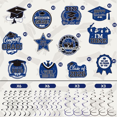 Image of Graduation Hanging Swirls Decorations, Blue and Black Graduation Party Decorations, 30PCS Class of 2026 Streamers Ornaments for Classroom Ceiling Office High School College Congrats Grad Party Favors