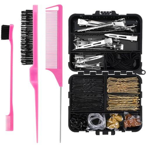 Teenyyou 160 Pcs Hair Bobby Pins Kit Dance Stuff Cosmetology Kit with Slick Back Hair Brush Set and Storage Box Hair Accessories Kit with Edge Bristle Brush Rat Tail Comb Dance Cheerleading (Pink)