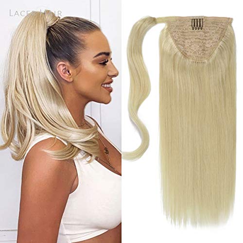 Lacer #60 Platinum Blonde Ponytail Extension Clip in Ponytail Hair Extensions 100% Remy Human Hair Wrap Around Ponytail Long Straight Ponytail Hairpiece Pony Tails Hair Extensions for Women 14 Inch