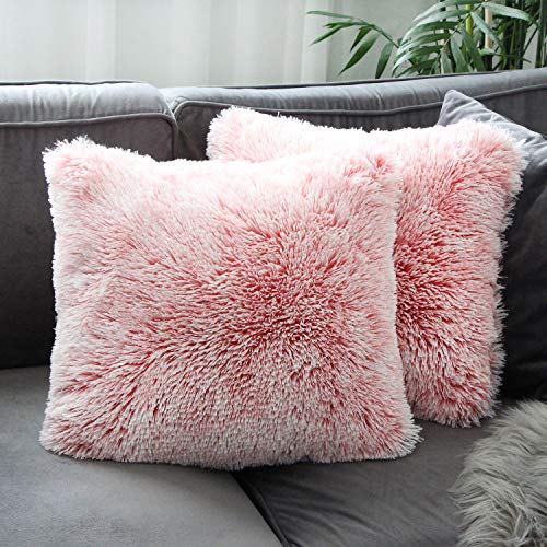Uhomy Home Decorative Luxury Series Super Soft Style Faux Fur Throw Pillow Case Cushion Cover for Sofa Bed Pink Ombre 18x18 Inch 45x45 cm Set of 2