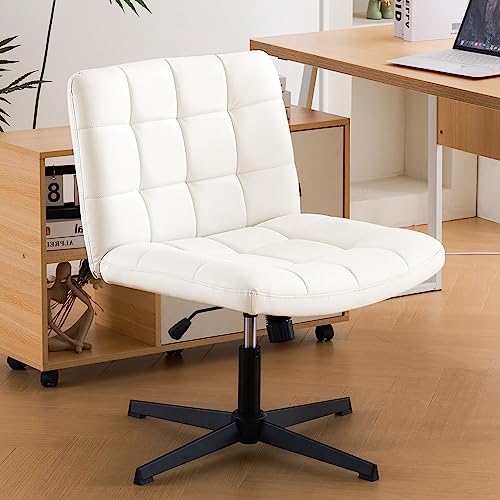 Furniliving Armless Office Desk Chair No Wheels, Height Adjustable Wide Home Office Desk Chair Mid Back Pu-Padded Computer Task Chair For Home Office Swivel Accent Chair Vanity Chairs,Ivorywhite #TOP14