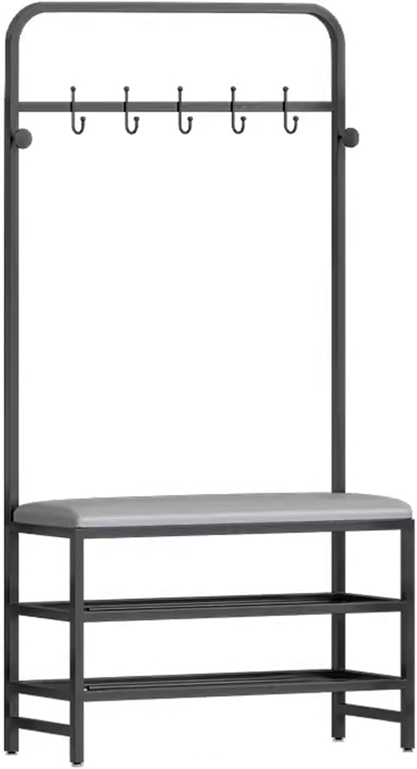 3-in-1 Entryway Hall Tree with Storage Bench, Freestanding Coat Rack with Shoe Storage, PU Leather Upholstered Seat, Stable Metal Frame, Hooks(Size:80 x 25 x 170 cm,Color:C)