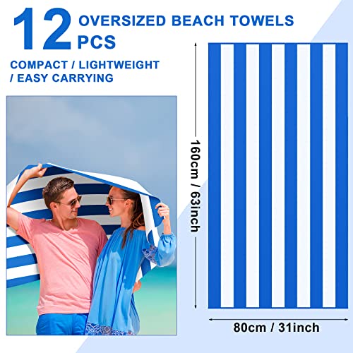 12 Pcs Microfiber Beach Towel Set Sand Free Beach Towel Bulk, 63 X 32 Inch Quick Dry Beach Towel, Extra Large Beach Pool Towels For Adults, Travel Camp Oversized Cabana Towel (Blue Striped) #TOP1