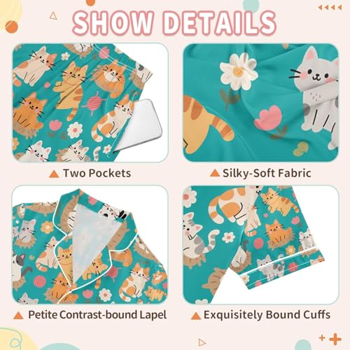 senya Cat Play Ball Flower Satin Summer Pajama Sets Silk Short Sleeve Button Down Sleepwear3