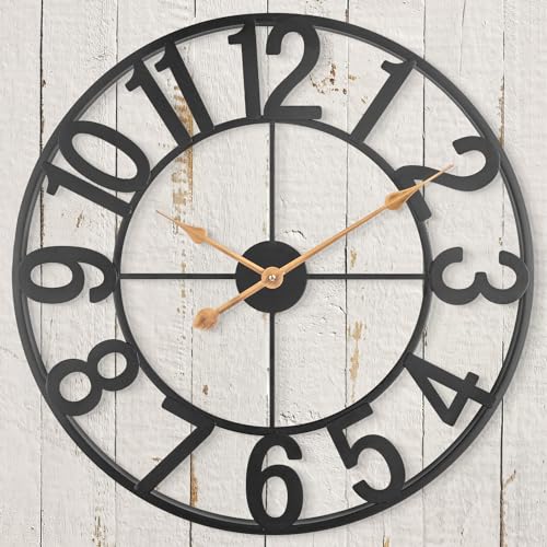 Alarmore Outdoor Clocks for Patio Large Outdoor Pool Clock Vintage Metal Outdoor Clock Battery Operated European Industrial Skeleton Wall Clock for Backyard/Garden/Fence 14 in