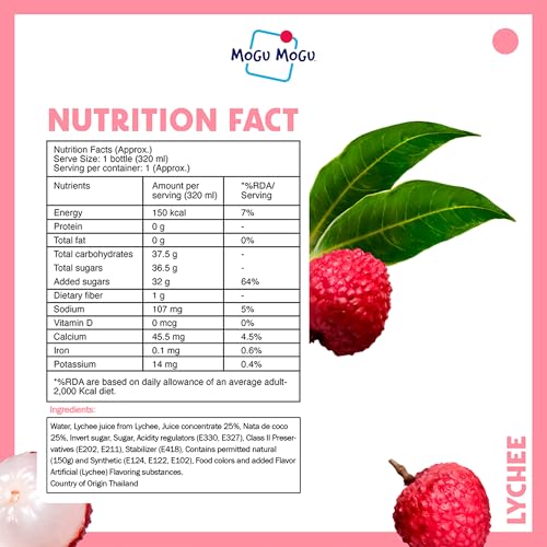 Image of Mogu Mogu Lychee Juice Drink with Nata de Coco Jelly 320ml (Pack of 6), Refreshing Tropical Thai-Made Sip & Chew Beverage