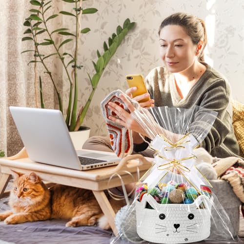 Image of Zopeal 2 Pack Small Cat Woven Basket with Gift Bag and Ribbon, Empty Decorative Gift Basket, Toy Cotton Rope Storage Organizer for Nursery Baby Shower Birthday 8.3 x 4.7 Inch(White)