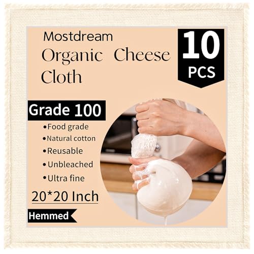Mostdream Cheese Cloths, 10Pcs 20x20 Inch Grade 100 Precut Cheese Cloths for Straining, Cotton Unbleached, Reusable Muslin Cheesecloth for Straining, Making Yogurt, Juice, Cooking Turkey