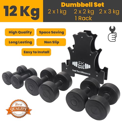 FK Sports Dumbbells Set with Stand Rack - 12Kg (Dumbbell Pair of 1Kg/2Kg/3Kg) - Weights Dumbbells Set for Women & Men - Weight Set - Lightweight & Durable - Weights 12kg Set for Home & Gym Exercise - Image 3