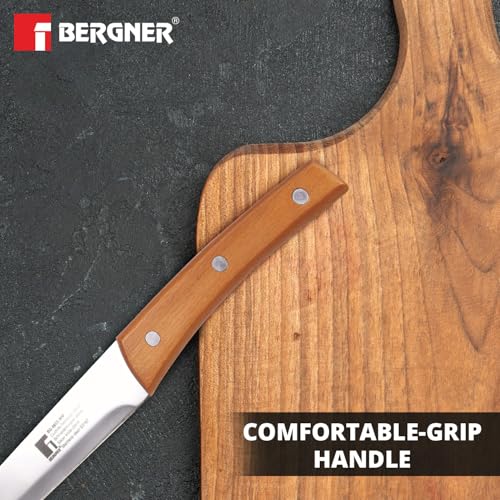 Image of BERGNER Natural Stainless Steel 20cm Slicer Kitchen Knife, for Cutting, Chopping, Slicing etc, Sharp Blade, Food Grade, Non-Toxic Stainless Steel Material, Mirror Finish, Wooden Handle, Non-Slip Grip