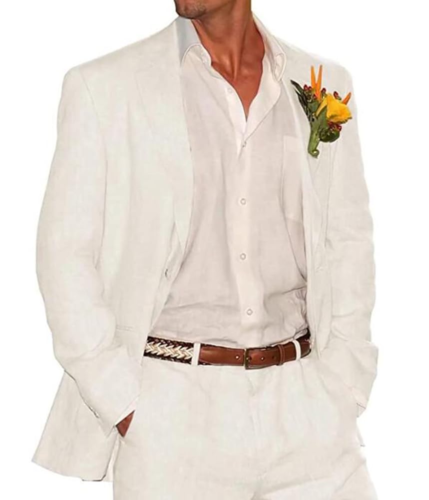 Leader Of The Beauty Men's White Notch Lapel Linen Business 2 Piece Suit Wedding Grooms Tuxedos 48/42