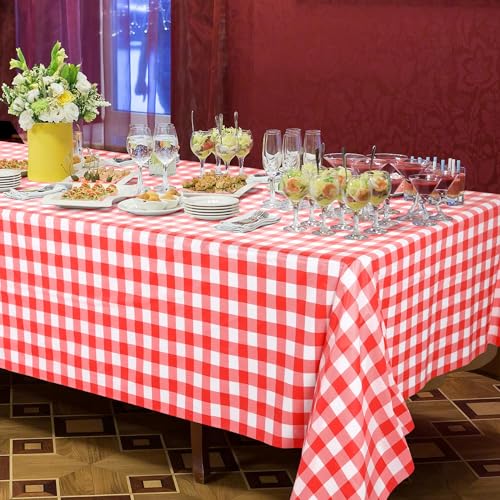 Image of Kochorie 54 Inch x 100 Ft Red Checkered Plastic Table Cloth Roll Disposable Waterproof Table Cover Plastic Table Cover Roll with Easy Slide Cutter for Outdoor Picnic /Home Dining /Summer Party