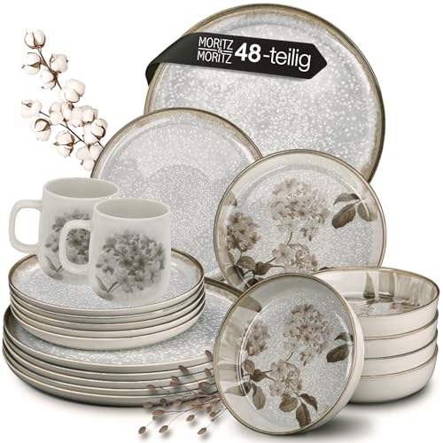 Moritz & Moritz BLOSSOM Porzellan Geschirrset 12 Personen 48-tlg. - Modernes Tafelservice mit verspieltem Design - Pflegeleichtes Kaffeeservice mit Teller Set, Schüsseln & Tassen - Kombiservice