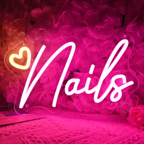 SYLHOME Led Neon Light Sign Nails With Heart Nail Studio Beauty Salon Business Makep Room Wall Sign Decor Birthday Party Backdrop 11.81 X 6.7 USB
