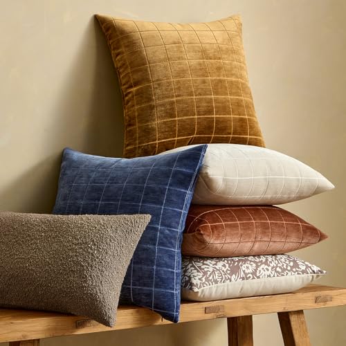 Image of MIULEE Brown Sugar Plaid Fall Decor Throw Pillow Covers 20x20 Set of 2 | Vintage Check Chenille Couch Pillows Boho Farmhouse Cushion Covers Modern Fall Home Decor for Sofa Bed Living Room