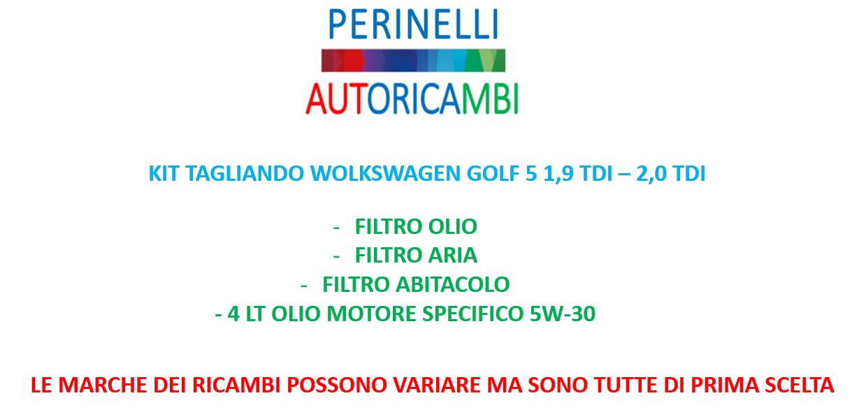 KIT TAGLIANDO GOLF 5 1.9-2.0 TDI - 4 LT 5W30 + 3 FILTRI | Filtro Olio Incluso, Filtro Aria Incluso, Filtro Abitacolo, 4 Lt Olio 5W-30, Ricambi di Prima Scelta