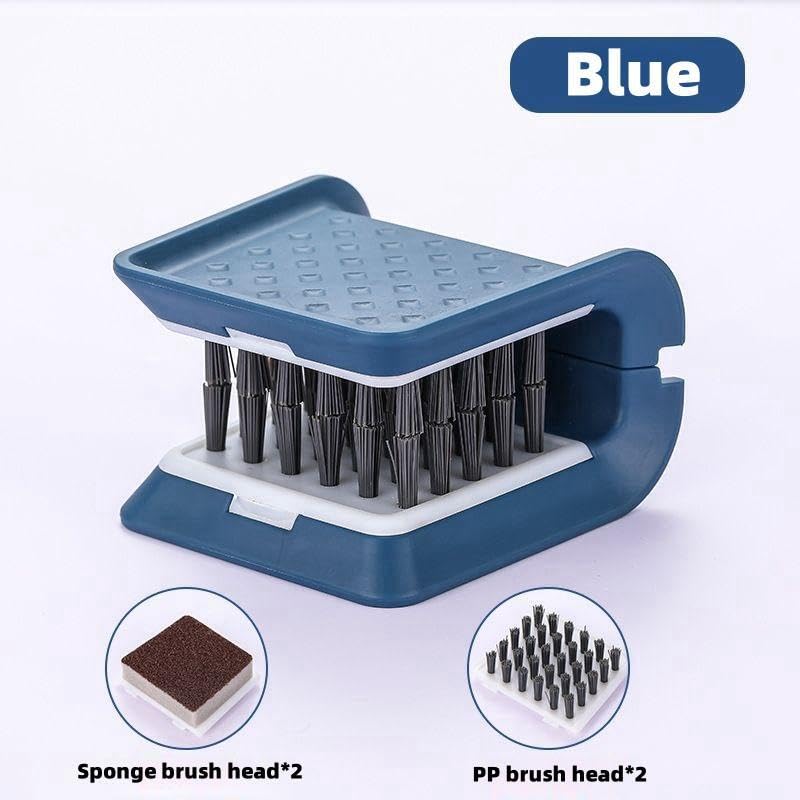 Image of Knife Cleaner, U-Shaped Double Sided Cleaning Brush, Blade Cleaner with 2 Pcs Replacement Sponge Brush Head, Non-Slip Blue PP Plastic Knife Brush