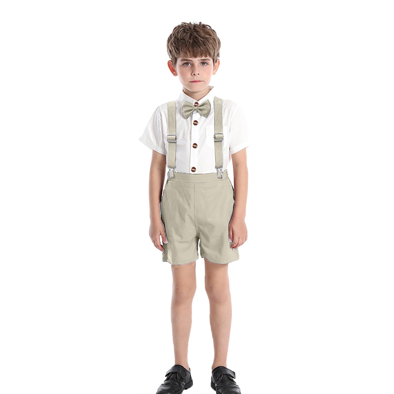 Générique Ensemble 4 Pièce Pour Garçon, Chic Et Élégant Enfant Tenue Gentleman Mariage Costume Baptême Mode Avec Manche Courte T-Shirt, Noeud Papillon, Bretelles, Short Vetement