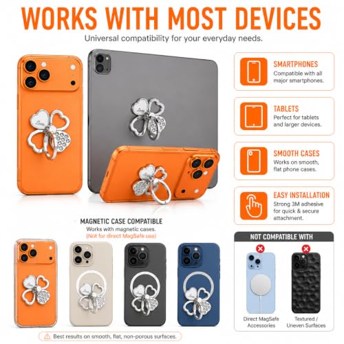 Image of Mizi 2Pack Clover Phone Ring Holder Stand, 360 Rotation & 180 Fold Finger Grip Kickstand, Strong 3M Adhesive, Bling Rhinestone Phone Ring for iPhone, Samsung & Most Smartphones - Silver