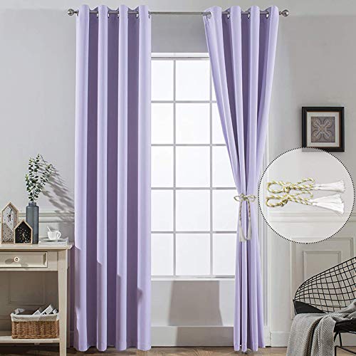 Yakamok Thermal Insulated Solid Ring Top Blackout Window Drapes-Blackout Curtains Panels for Bedroom,52" W x 84" L (Set of 2 Panels,Lilac,2 Tie Backs Included)