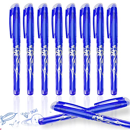 Stylo Effacables, 0.5mm Stylo Bille Effacable, Bleu Couleur Stylo Gomme, Stylo Gel Effaçables, Stylos Roller Effaçable pour Enfants, Adultes, Fourniture Scolaire, Papeterie Bureau (Lot de 8)