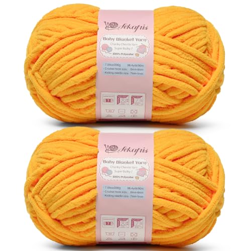 Image of 2 Pack Golden Yellow 14.1 oz /196.8 yds Chunky Chenille Yarn for Crocheting, #7 Super Bulky Baby Blanket Yarn for Crocheting Soft, Fluffy Velvet Yarn for Knitting, Amigurumi Crochet Yarn for Crafts