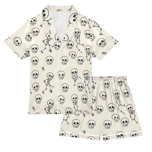 ALAZA Skeleton Sugar Skull Cartoon Style Satin Pajamas Set Short Sleeve Button Down Sleepwear Summer Pjs 2 Piece
