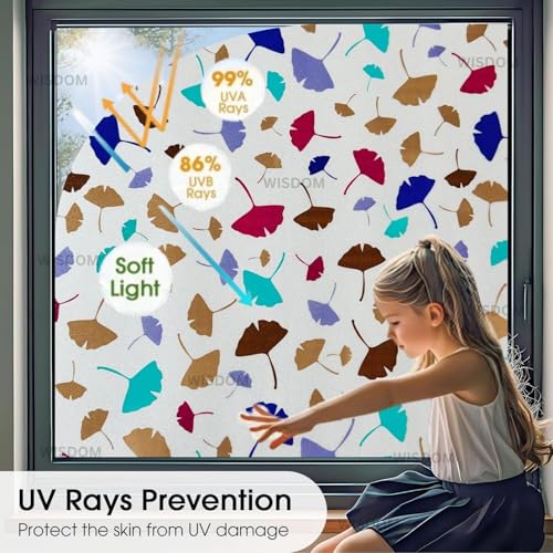 Image of WISDOM Premium Frosted Glass Window Film Self Adhesive Decorative Glass Window Privacy Sheet Film UV Control Removable Vinyl Privacy Film (Color Leaves, 24x200 Inch)