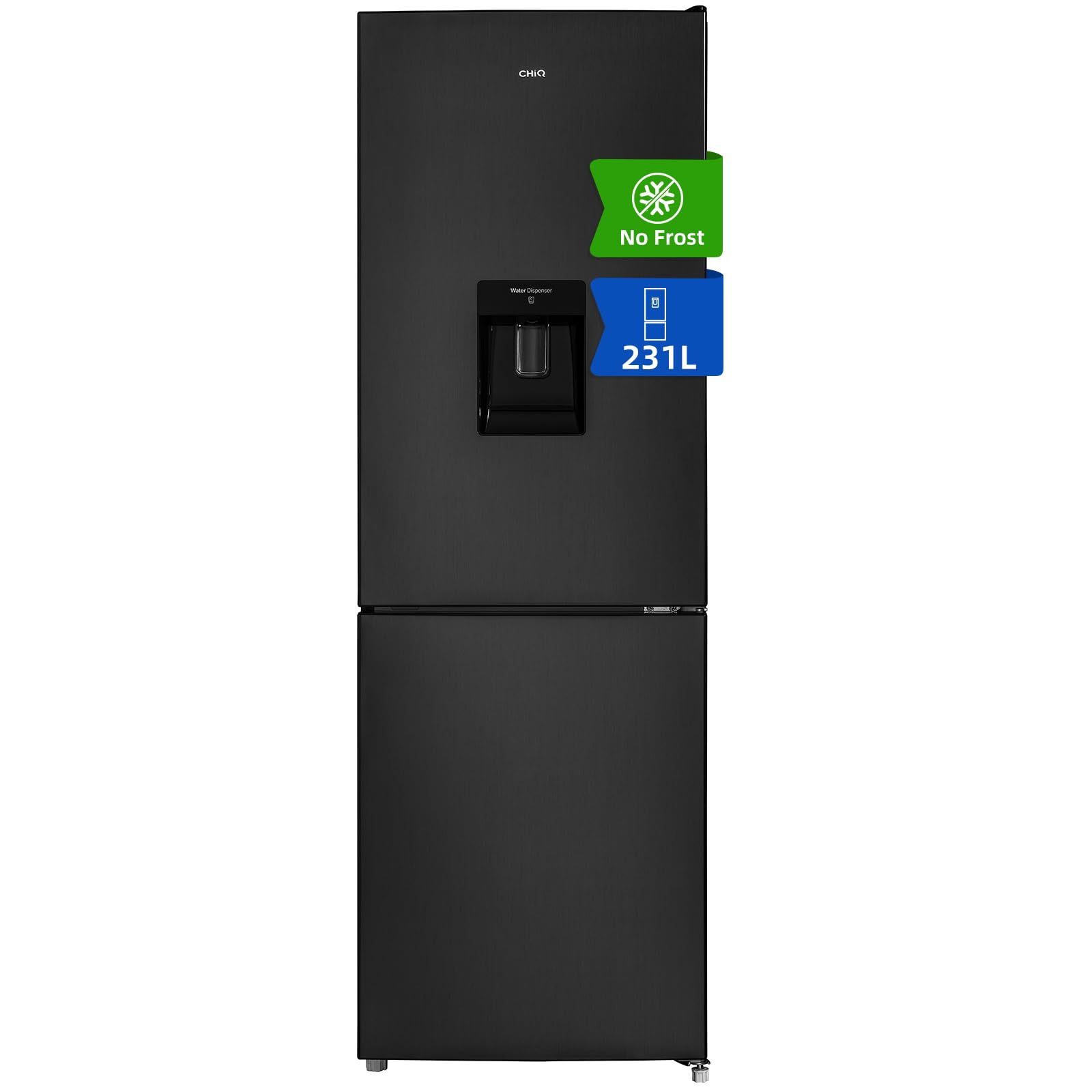 CHIQ Réfrigérateur congélateur bas FBM228NE4DE 231L (161 + 70) avec Distributeur d'eau,Froid ventilé, No Frost, Acier inoxydable noir, portes réversibles, 42 db, 12 ans de garantie sur le compresseur