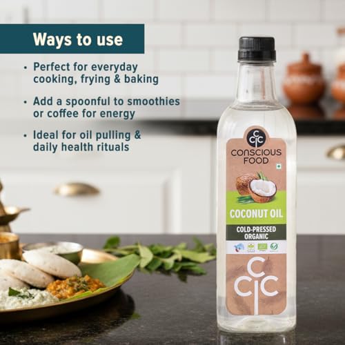 Image of Conscious Food Cold Pressed Coconut Oil | 250ml | Certified Organic | 100% Pure | Good for Cooking | Boosts Heart Health, Skin Care