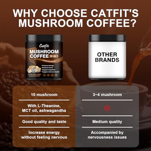 Mushroom Coffee Powder, 10 Mushroom Blend Supplements with Lion\'s Mane, Chaga, Cordyceps, L-Theanine for Energy, Focus, Cognitive and Immunity, 50 Serving