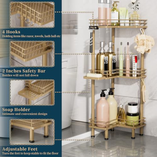 Image of Consumest Corner Shower Caddy Standing - 3-Tier Stainless Steel Shower Organizer with Soap Holder and 4 Hooks, Large Capacity Corner Shelf Stand for Bathroom, Rest Room, Gold