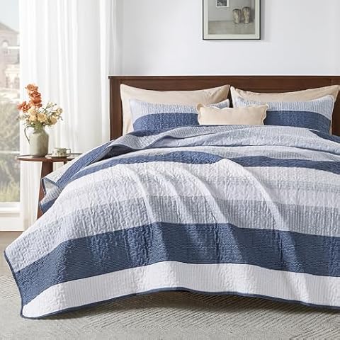 Andency Queen Quilt Bedding Set Mineral Blue, 3 Pieces Patchwork Summer Striped Ultra Soft Lightweight Bedspreads, Coverlets Set with 2 Pillow Shams for All Seasons (90"x96") Cover