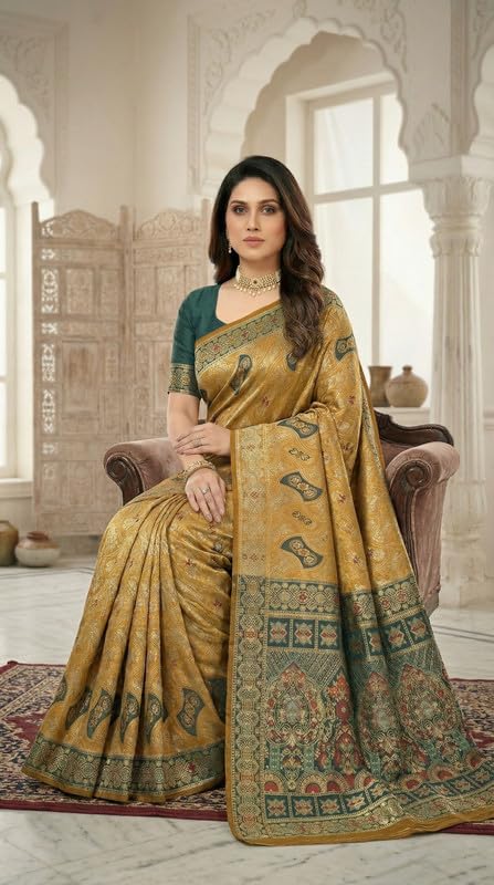 Image of C J Enterprise Women's Pure Soft Silk Saree With Blouse Piece For Wedding (Damru-Patola)