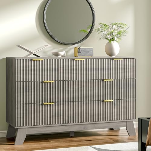 Image of HUANLEGO 48 inch W Fluted Dresser for Bedroom with 7 Drawers, Grey | Mid Century Modern Dressers & Chest of Drawers, Boho Dresser for Closet, 7 Drawer Storage TV Stand for Bedroom