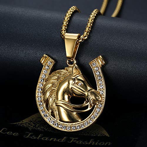 18K Gold Plated Lucky Horse Pendant Punk Rock Stainless Steel Necklace for Men Women, 24 Inch Chain Horseshoe Party Jewelry Gift2