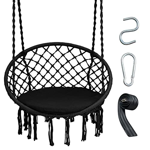 Giantex-Hammock-Chair-Macrame-Swing-with-Cushion-Hardware-Kit-Black Giantex Hammock Chair Macrame Swing with Cushion & Hardware Kit, Black - Image 1