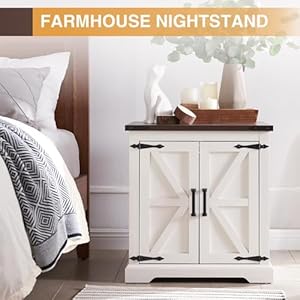 Farmhouse end table with charging station24 large sofa side table with barn door rustic wood square nightstand bedside table with adjustable shelf for living room bedroomantique white  urban country home decor