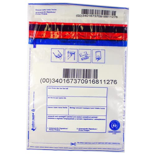300 x Sicherheitstaschen: 195 x 265 + 30 mm Bon Druck: von an Datum Betrag Verpackt Unterschrift