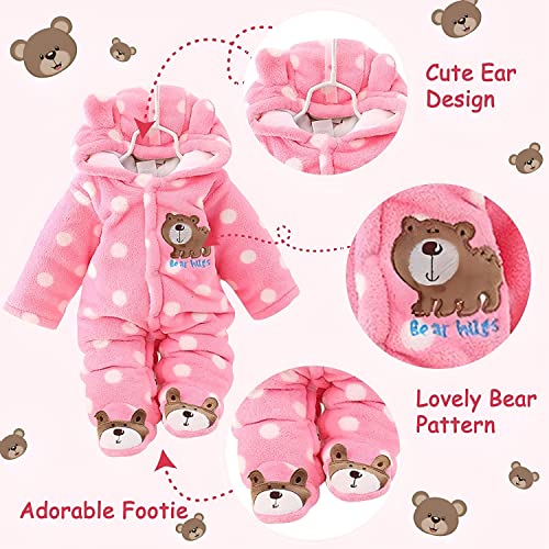 Image of BRANDONN BRANDONN Unisex Baby Flannel Polka Print Jumpsuit Panda Style Cosplay Clothes Bunting Outfits Snowsuit Hooded Romper Outwear (Pink, 9-12 Months)