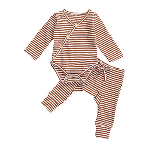 Newborn Unisex Baby Organic Cotton Kimono Onesies+Striped Pants-Basic Plain Rib Stitch Knitted Outfits Set (Red&White Stripe, 0-3 Months)